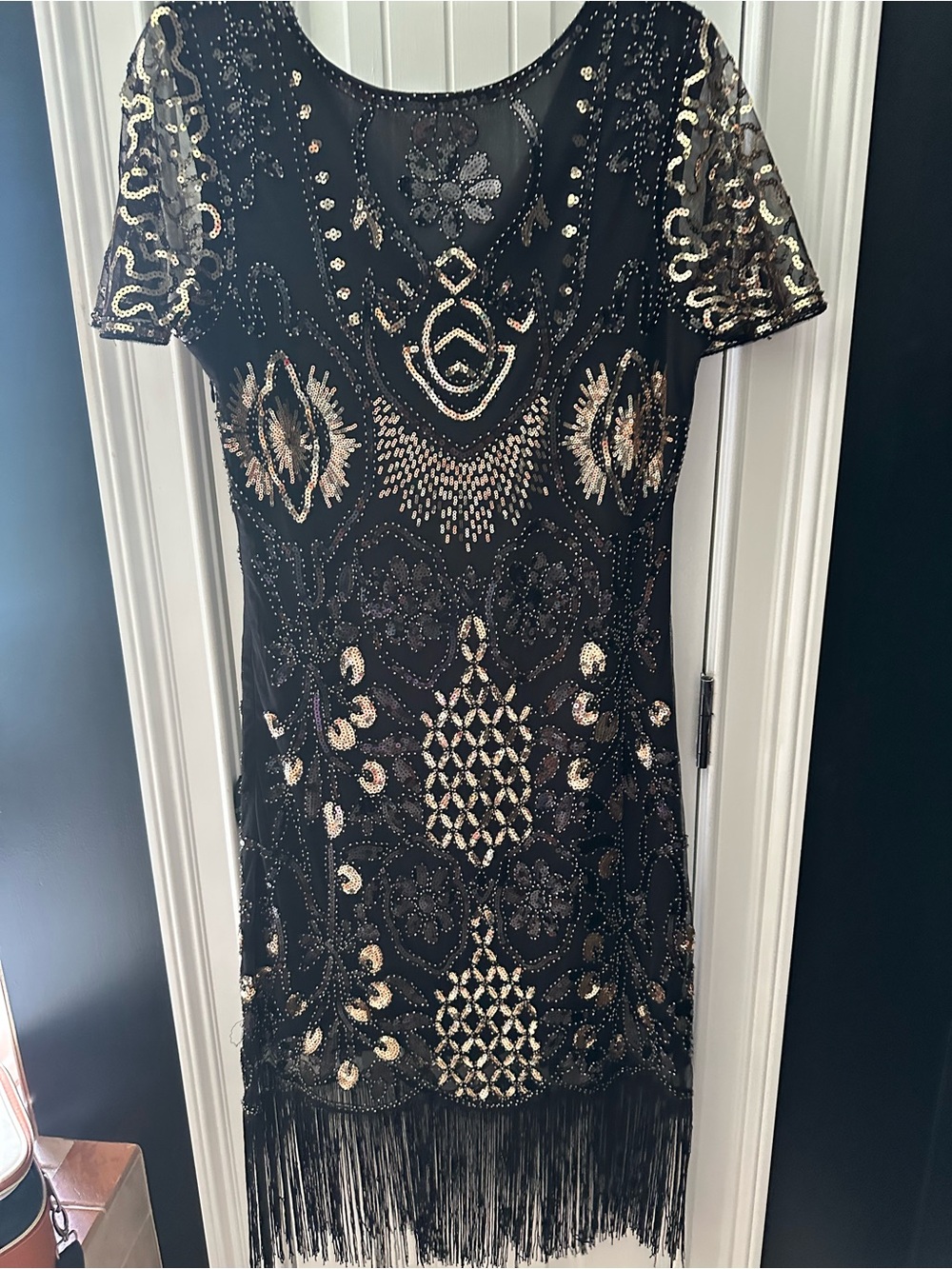 Black Sequin Fringe Short Sleeve Dress